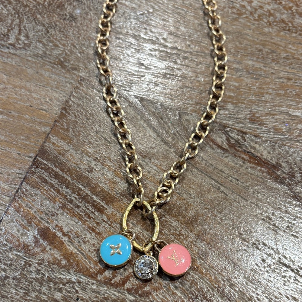 Gold Chain Necklace with Pink and Blue Charms